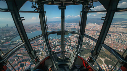 Izmir City view from inside of teleferic cabin - obrazy, fototapety, plakaty