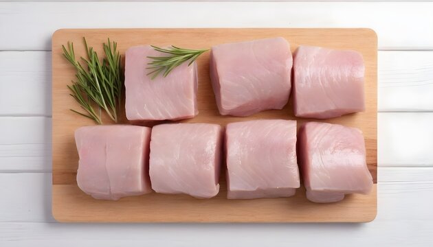 Raw chicken fillet cut into cubes, Uncooked sliced poultry meat, on wooden board. Isolated on white background