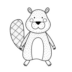 Cute beaver animal in black and white. Forest character for kids design. Woodland mammal in outline for coloring. Vector illustration © juliyas