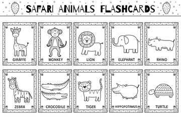 Safari animals flashcards black and white collection for kids. Flash cards set with cute jungle characters in outline for coloring. Giraffe, monkey, lion and more. Vector illustration