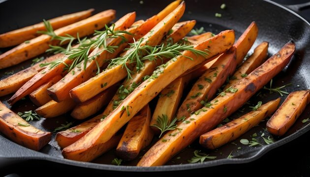 Roasted sweet potato french fries in a skillet with herbs.  Isolated, black background
