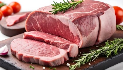 Silverside sirloin beef cut, raw meat on butcher table with herbs - obrazy, fototapety, plakaty