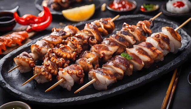 Skewers with Grilled baby mini octopuses