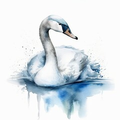 Beautiful bird white Swan gracefully floating on the lake water watercolor illustration.