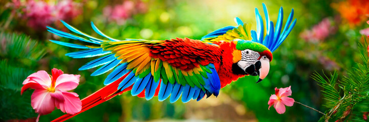 Fototapeta premium parrot in the jungle in tropical flowers. Selective focus.