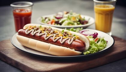 Street food hot dogs with cabbage and meatless sausage - obrazy, fototapety, plakaty