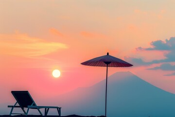 Tranquil Sunset Retreat: Colorful Umbrella and Chair Overlooking Mount Fuji at Dusk, Peaceful Escape
