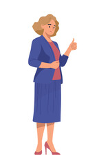 A woman in a business suit shows a thumbs up. Office worker. Teacher, boss, manager, mother, people, girl. Hand drawing. Vector image.