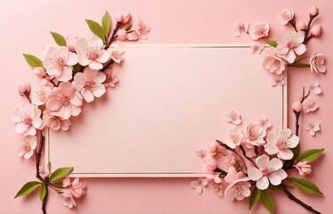 Fototapeta na wymiar Banner with peach blossom on pink background. Greeting card template for Wedding, mothers or womans day. Springtime composition with copy space. Flat lay style