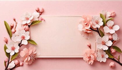 Banner with peach blossom on pink background. Greeting card template for Wedding, mothers or womans...