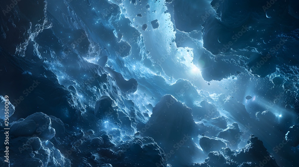 Poster navigating through a stunning asteroid field: an exploration of the vastness of space. concept space