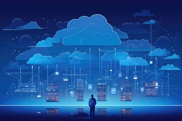 Modern city landscape showing dots and line representing high-speed internet, cloud data storage, computing, global market, global network