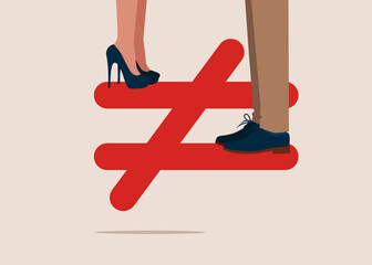 Upper class female cost on top of injustice, unfairness symbol with person of male at the bottom. Inequality between woman and man wage income. Flat vector illustration