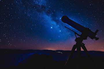 Astronomy Enthusiast's Starry Night: A starry night sky over alone telescope, capturing the essence of stargazing and astronomical fascination. Constellations overhead, a telescope pointed towards the