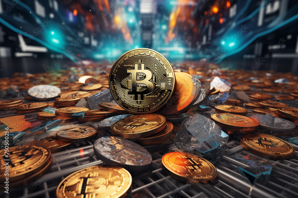 Poster stunning array of various cryptocurrency tokens focusing on a prominent bitcoin