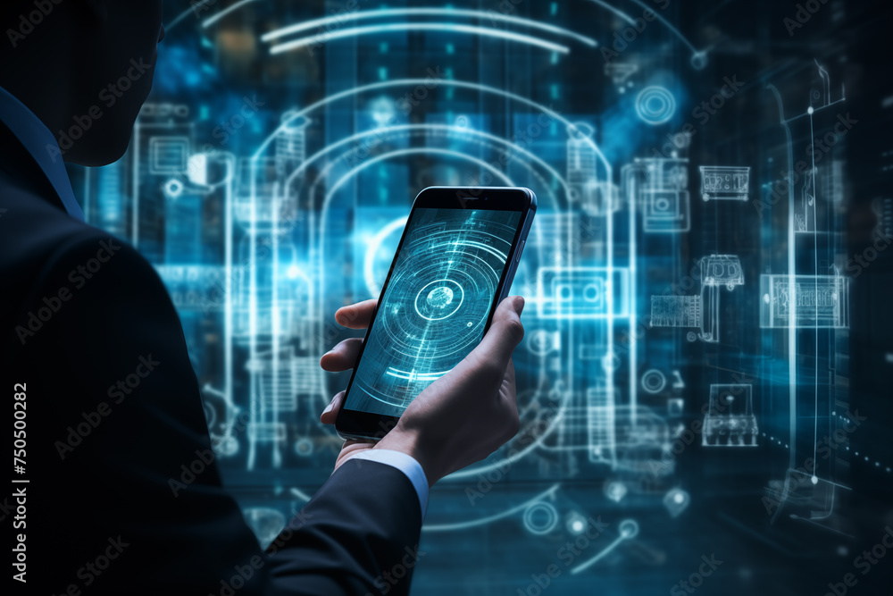 Poster professional interacts with an advanced holographic display emanating from a mobile phone