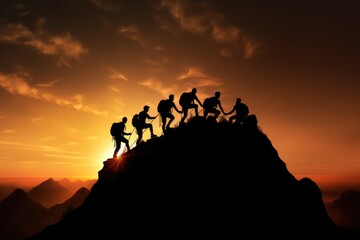 Fototapeta na wymiar Image of climbers silouetthe at the top of a mountain during beautiful sunset. Teamwork, success, challenge abstract concept.