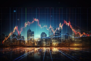 Stock market and trading, digital graph. Futuristic image with city skyline. Global market.