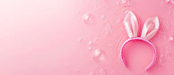 Bunny ears and water drops on pink background with copy space.