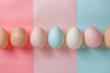 Top view pastel Easter eggs on pink background with Copy space. Holiday banner with colorful chicken eggshells