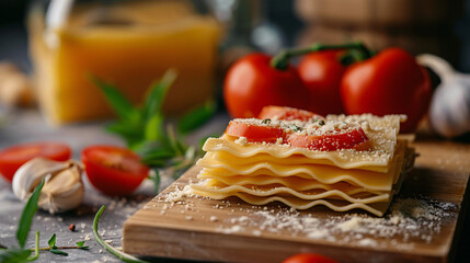 Fototapeta na wymiar Lasagna pasta with tomato and pepper on cutting board