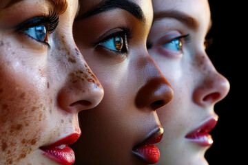 Evolution of Beauty Standards: Montage featuring diverse faces, reflecting the changing beauty standards throughout different eras. The faces of three beautiful girls