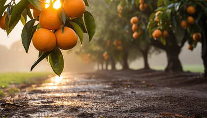 plantation with orange trees with fruits. harvest of ripe oranges. - obrazy, fototapety, plakaty