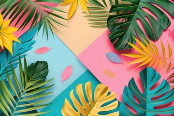 Fototapeta na wymiar Abstract Summer background with Tropical leaves geometric shapes and copy space. Palm tree bright branches with empty place for text. Spring pink and green trendy backdrop for sale and presentation