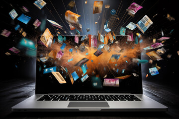 A laptop with documents and icons exploding outwards, illustrating fast data transfer