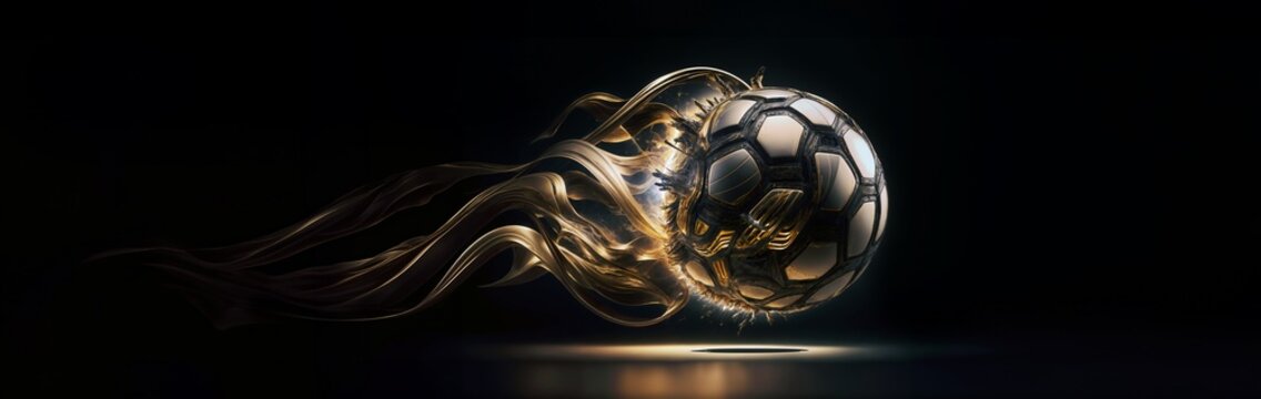 Abstract soccer ball with golden metallic texture and golden flames swirling around it on black background.