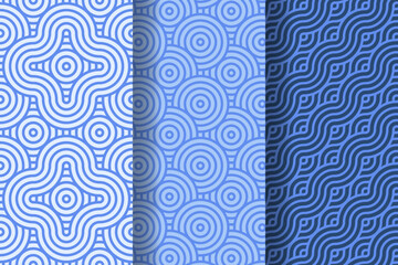 Set of japanese wave geometric seamless pattern, called Seigaiha, concentric circles, fish scale imitation, traditional oriental art, vector illustration