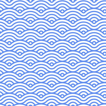 Japanese wave geometric seamless pattern, blue and white, circle fish scale imitation, traditional oriental art