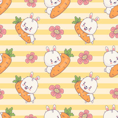 Seamless pattern with bunny with carrot on striped yellow background with flowers. Cute kawaii animal character. Vector illustration. Kids collection.
