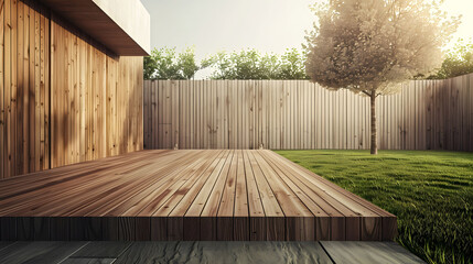wood deck and grassy area with wooden fences