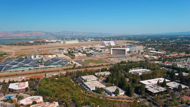 Nasa ames research center with clear skies during the day, wide shot, aerial view