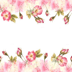 Wild rose hip buds, leaves, dog, cancer or brier rose flowers im bloom seamless border frame on watercolor pink yellow spots, splashes background Wrapping, wallpaper Hand drawn illustration isolated