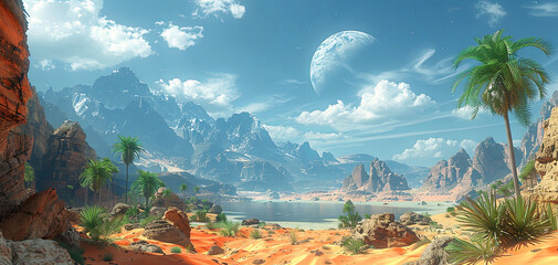 Breathtaking alien landscape with rocky terrains, palm trees, a serene lake, and majestic mountains under a sky adorned by a gigantic planet. Ideal for sci-fi and space-themed content.