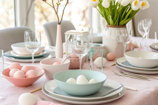 arranged Easter brunch table with pastel-colored dishes and minimalist table settings.