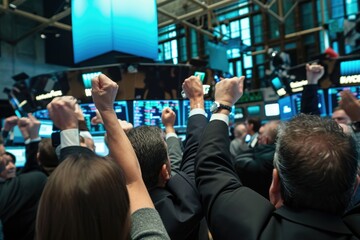 the excitement of an initial public offering (IPO) as employees and executives ring the bell at a stock exchange, symbolizing a new phase of growth and investment