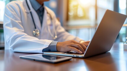 An image depicting the concept of online medicine or telemedicine, showcasing a patient using a video call on a digital device to consult with a doctor for medical advice and support.
