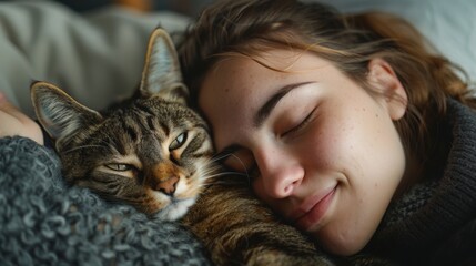 Young woman sleeping with striped cat on bed. Warm indoor lifestyle portrait. Friendship and pet care concept. Design for poster, banner, and greeting card with copy space