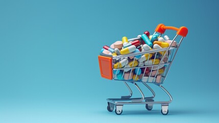 A shopping cart brimming with assorted pharmaceutical pills and capsules, symbolizing the growing trend of purchasing medications through online pharmacies.