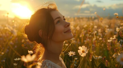 a beautiful woman is gazing forward in a field of wild flowers, in the style of golden light, spiritual meditations, pictorial, light white. generative AI