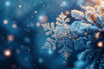 Fototapeta na wymiar Closeup of a snowflake illuminated by iridescent light, copy space, selective focus
