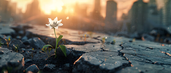Small Flower growing out of cracked street. Highly detailed and realistic concept design - obrazy, fototapety, plakaty