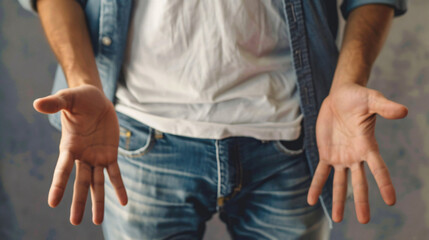 Man with empty pockets gesturing nothing with his hand