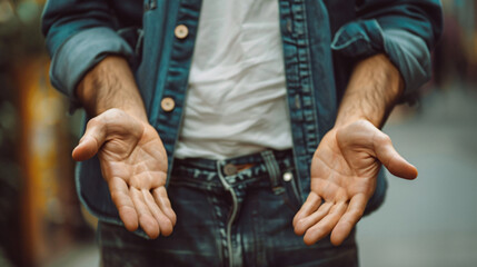 Man with empty pockets gesturing nothing with his hand - obrazy, fototapety, plakaty