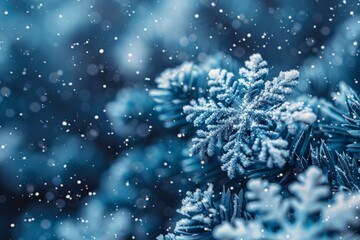 Fototapeta na wymiar Beautiful winter background with snowflakes close-up, selective focus