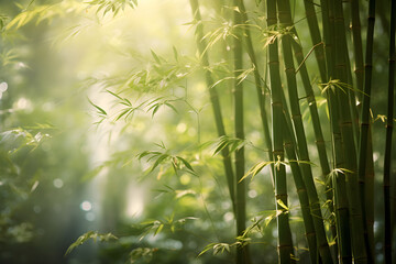 Fototapeta na wymiar Enchanting Bamboo Forest Imbued with Ethereal Light and Tranquility: Nature's Lush Green Cathedral