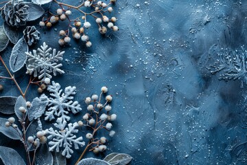 Winter background, with snow-covered flowers and snowflakes, copy space